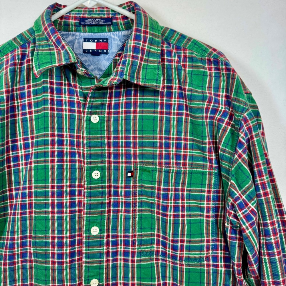 Tommy Jeans Flannel Shirt Plaid Button Up Long Sleeve Green‎ Red Mens Sz Large